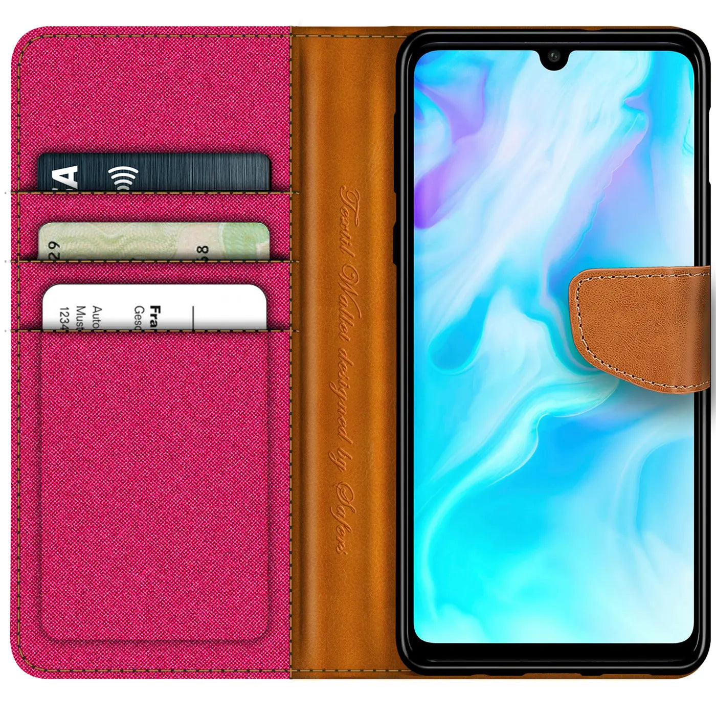 Textil-Klapphülle in Pink mit braunem Leder-Verschluss und Huawei P30 Lite.