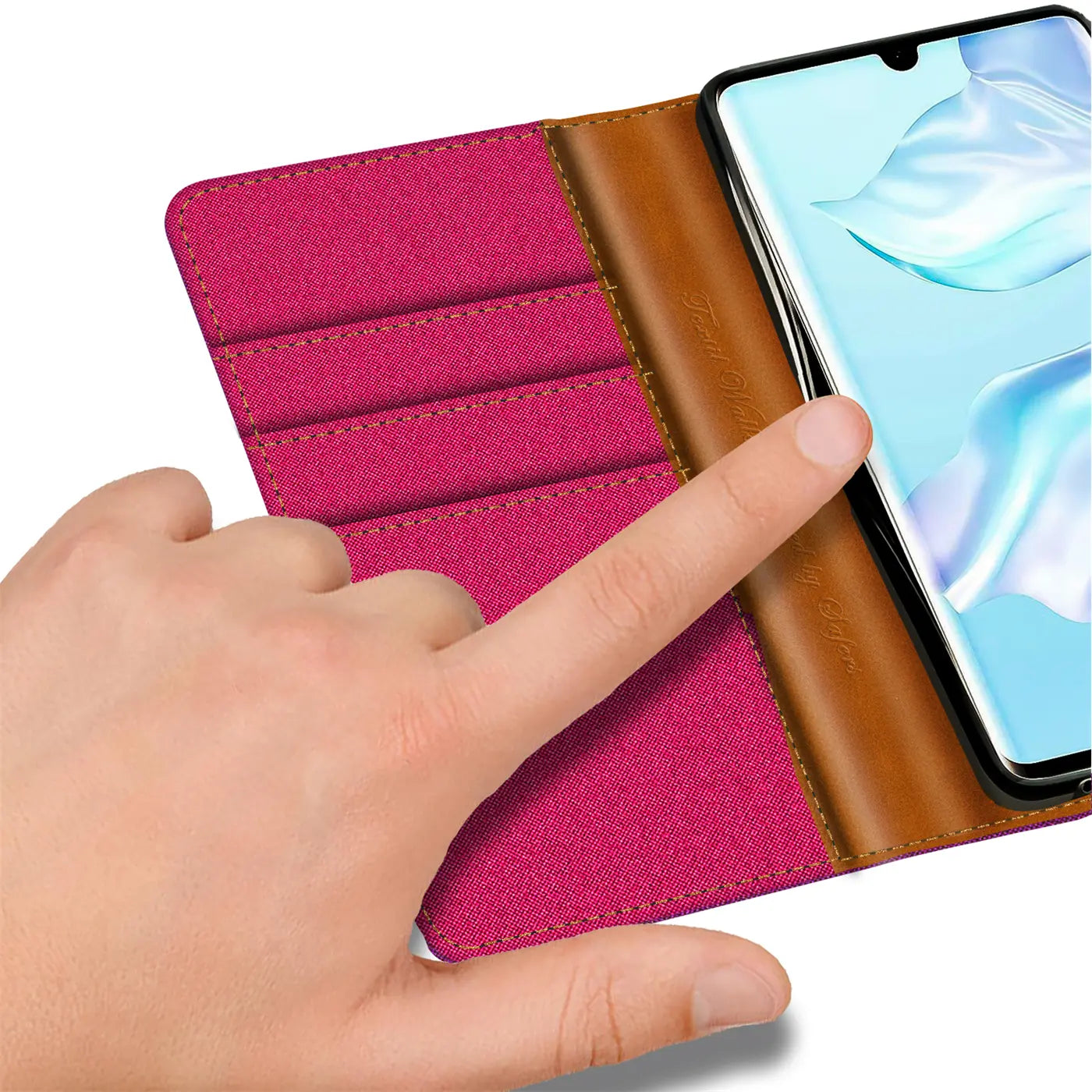 Pink Textil Klapphülle mit Kartenfach, braunes Leder, Nahaufnahme, Huawei P30 Lite