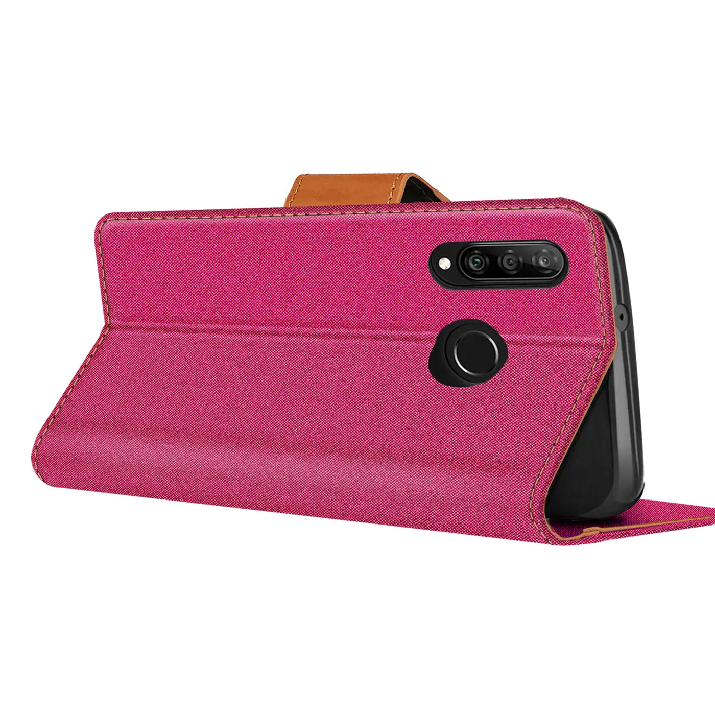 Pink Textil-Klapphülle mit braunem Verschluss, zeigt Huawei P30 Lite Rückseite.