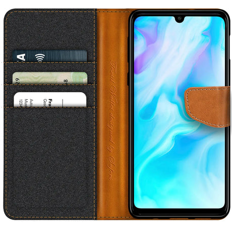 Huawei P30 Lite Klapphülle im Jeanslook mit Karten- und Geldfach