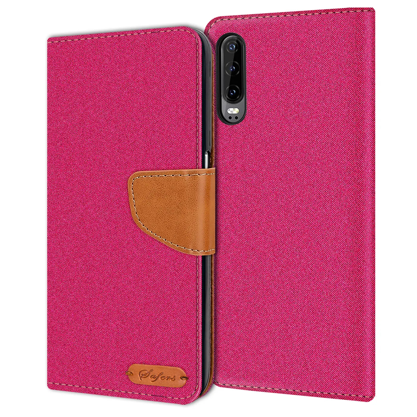 Pink Textil-Klapphülle mit braunem Lederakzent, Huawei P30 sichtbar, von vorne