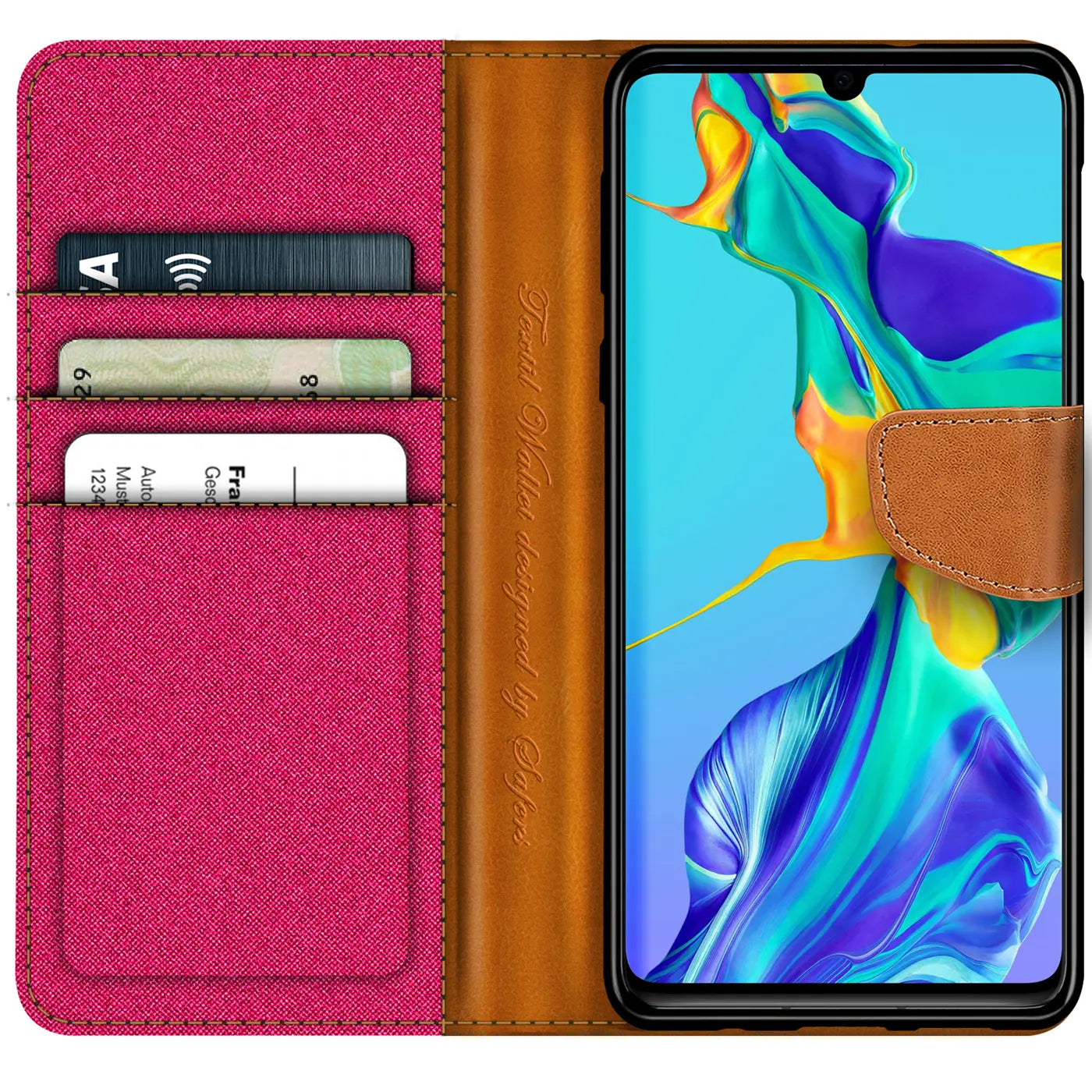 Textil-Klapphülle in Pink/Braun mit Kartenfächern, zeigt Huawei P30.