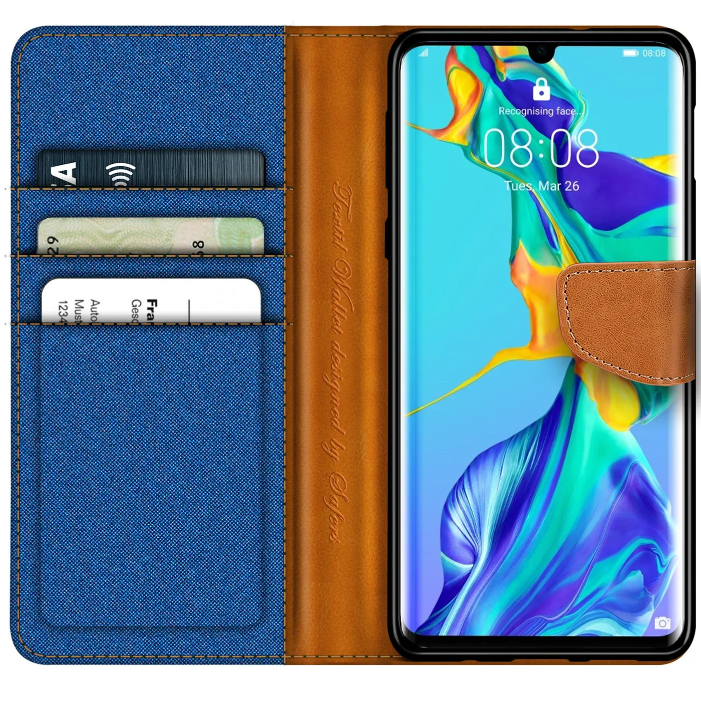 Blaue Textil-Klapphülle mit braunen Lederdetails, Kartenfächern, zeigt Huawei P30 Pro.