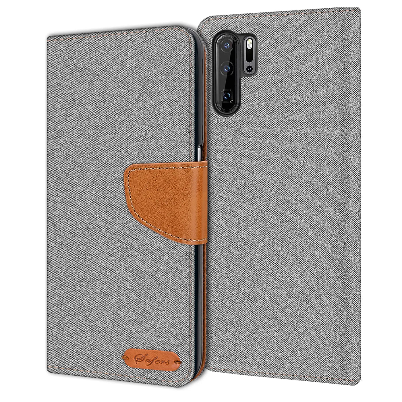 Graue Textil-Klapphülle mit braunem Lederdetail, Huawei P30 Pro sichtbar, von vorne