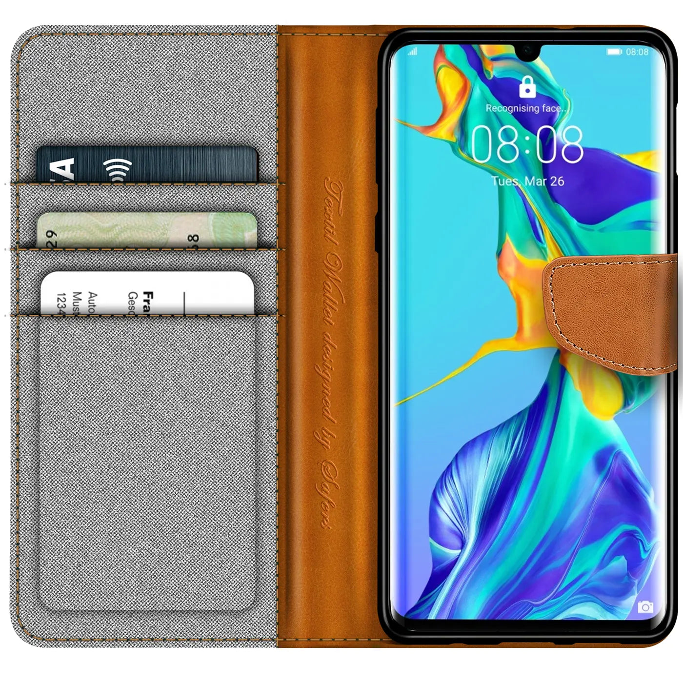 Graue Textil-Klapphülle mit braunen Lederdetails, Kartenfächern, zeigt Huawei P30 Pro.