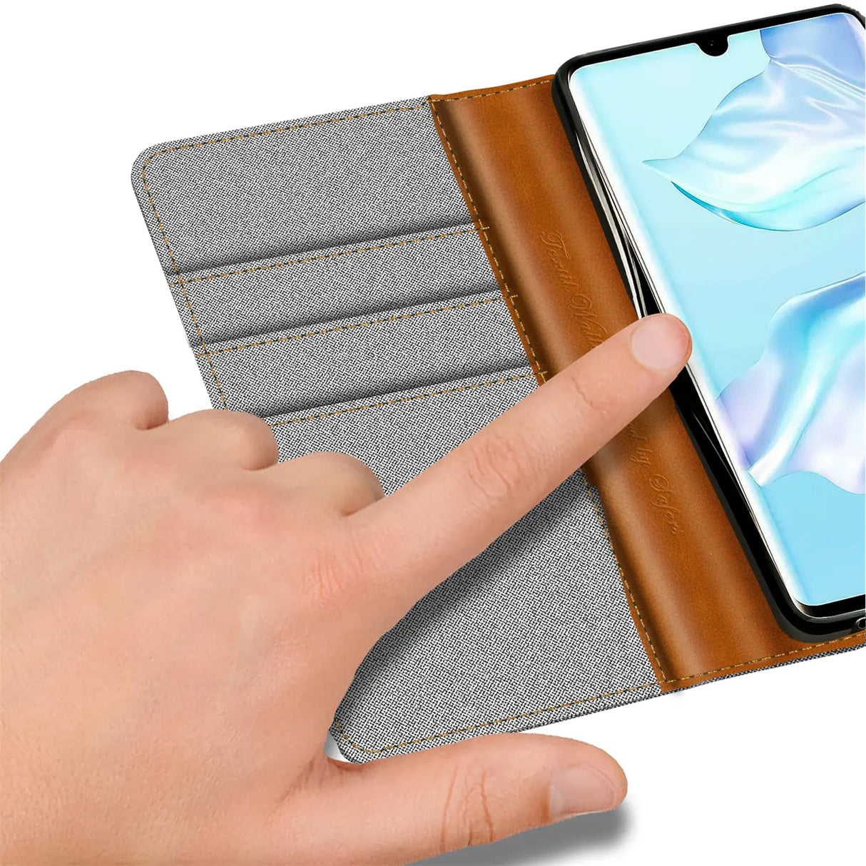 Huawei P30 Pro Klapphülle im Jeanslook mit Karten- und Geldfach