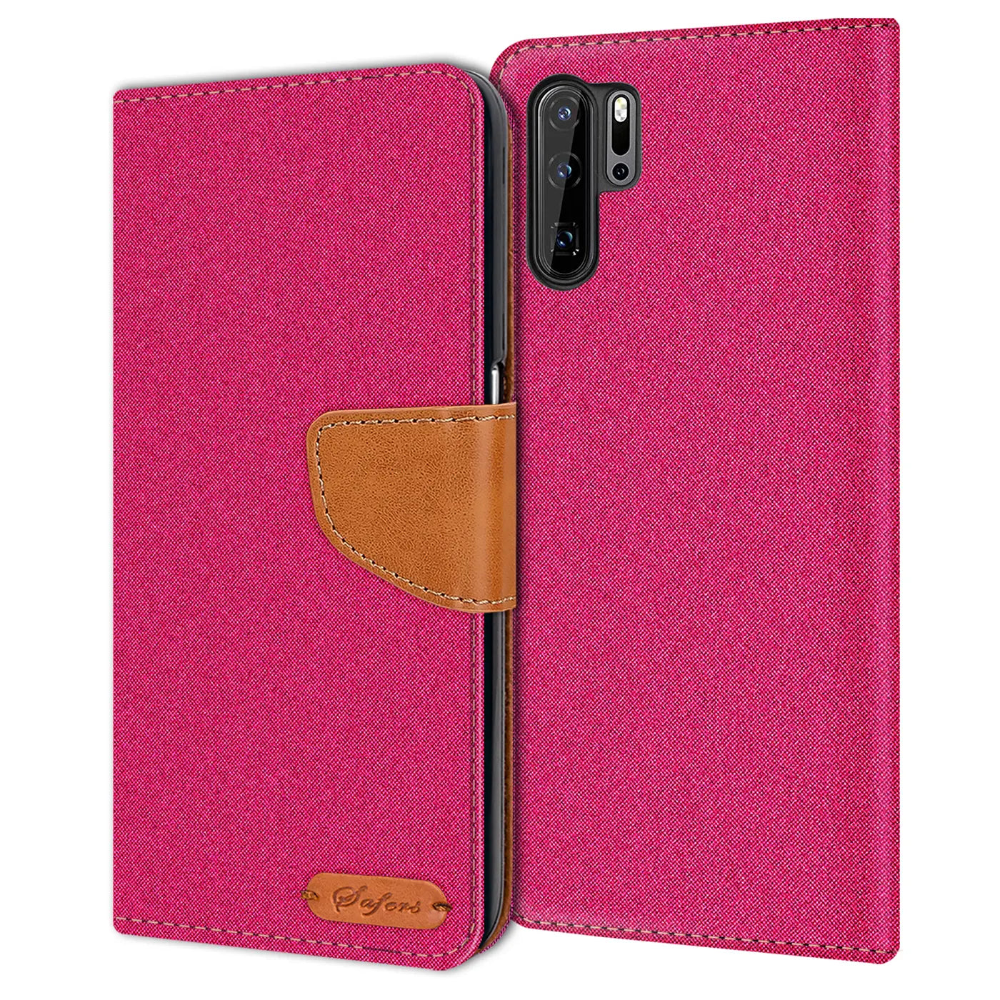 Pink Textil Klapphülle mit braunem Lederriemen für Huawei P30 Pro, von vorne.