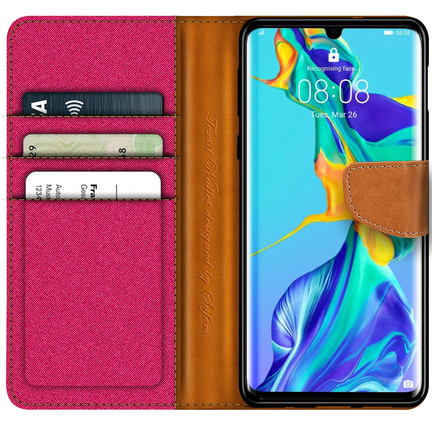 Textil-Klapphülle in Pink mit Kartenfächern, braunem Leder-Verschluss, Huawei P30 Pro.