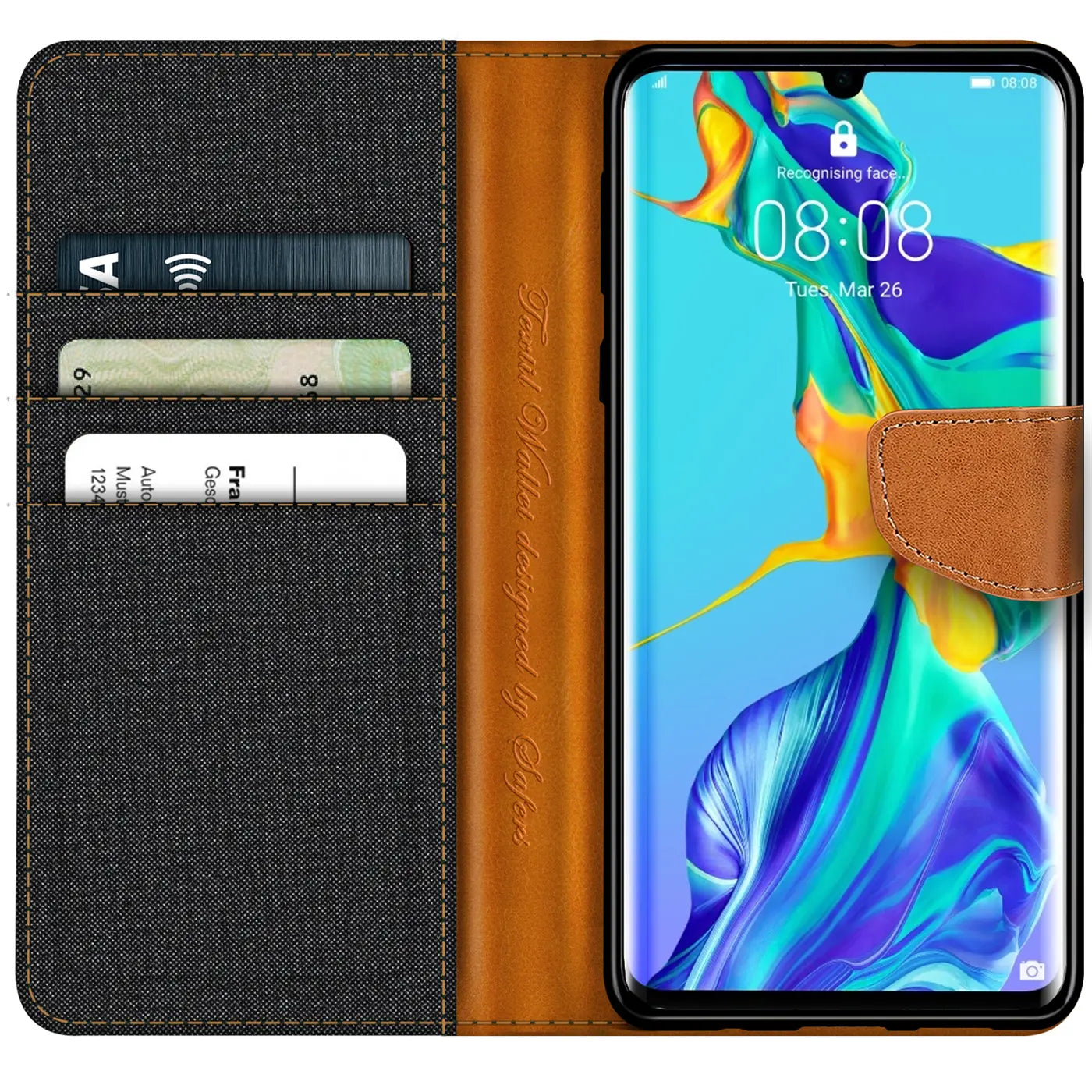 Huawei P30 Pro Klapphülle, Textil/Leder, Schwarz/Braun, Kartenfach, von vorne