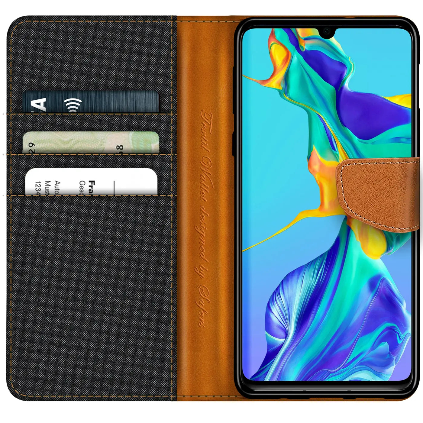 Textil-Klapphülle in Grau/Braun mit Kartenfächern, zeigt Huawei P30, von vorne