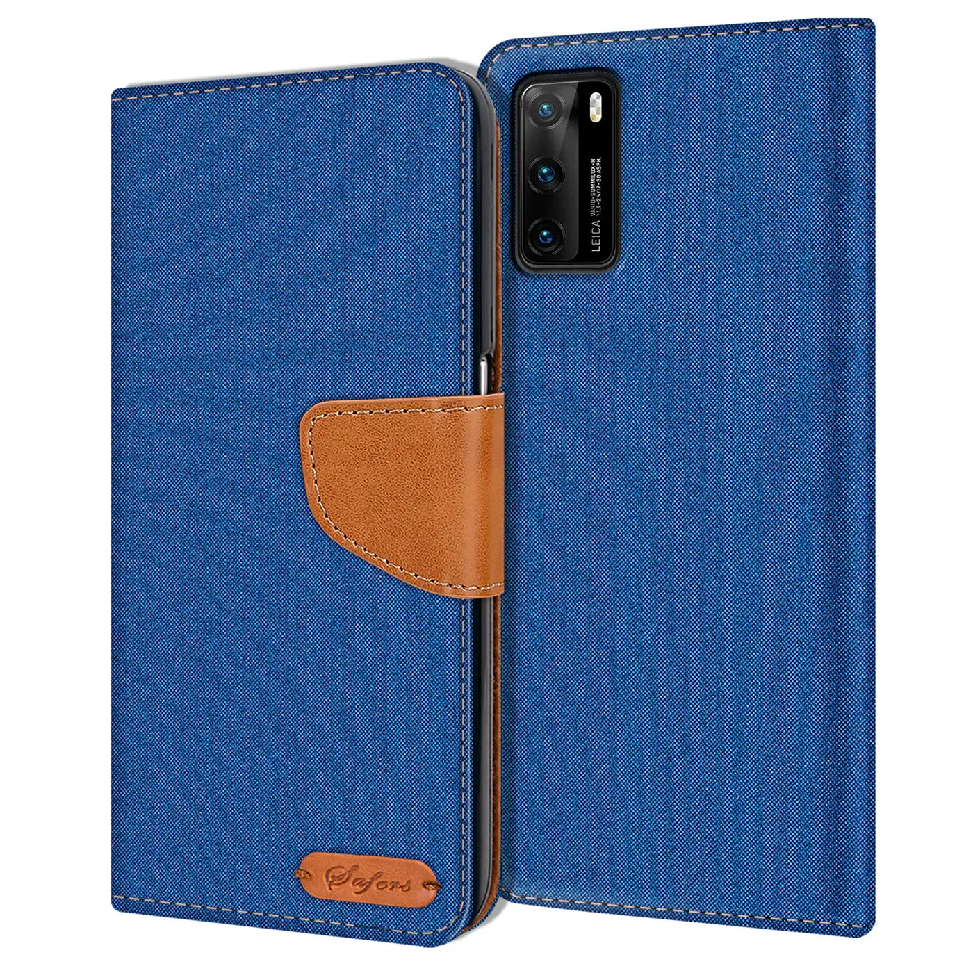 Blaue Textil-Klapphülle mit braunem Lederakzent und Kartenfach, Huawei P40 sichtbar.