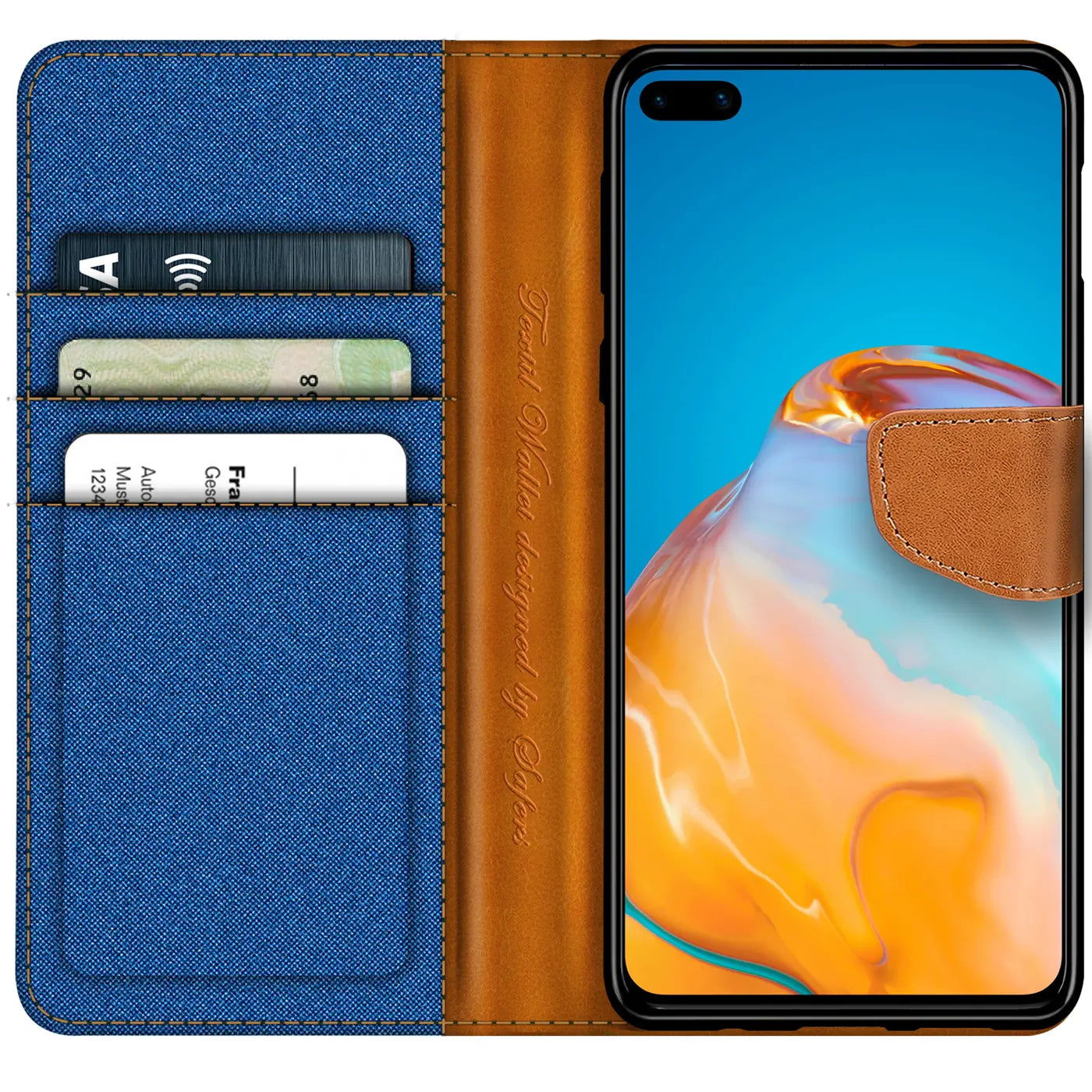 Blaue Textilhülle mit braunen Lederdetails, Kartenfächern, Huawei P40.