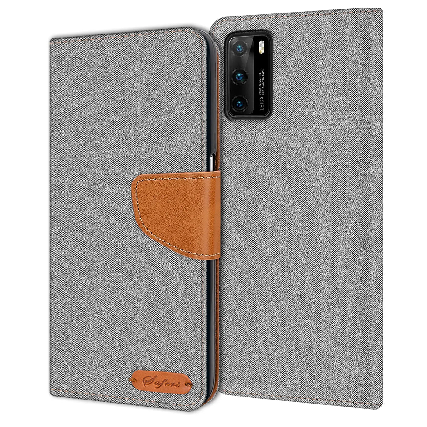 Graue Textil-Klapphülle mit braunem Lederakzent, Huawei P40 sichtbar.
