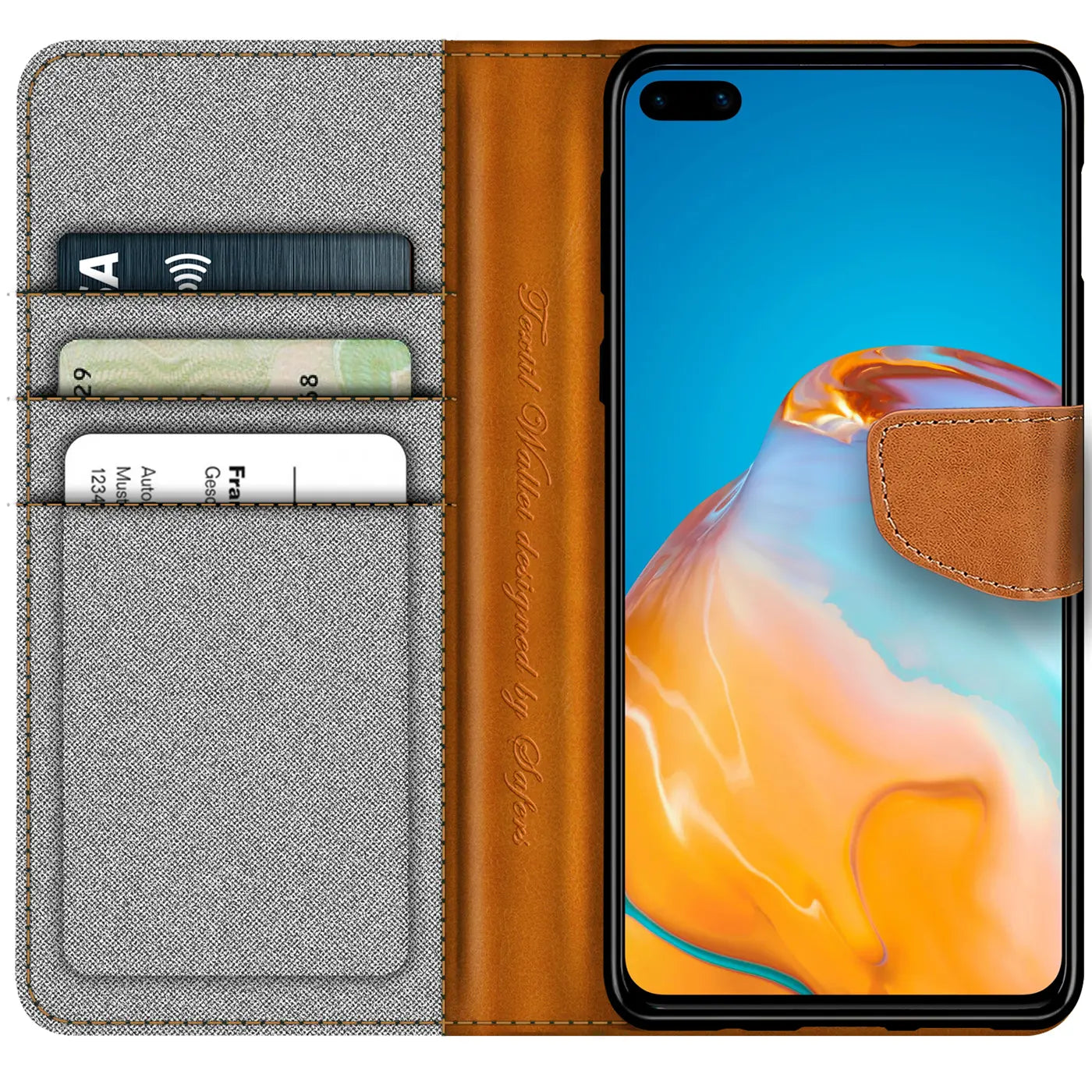 Graue Textil-Klapphülle mit braunen Lederakzenten, Kartenfächern, zeigt Huawei P40.