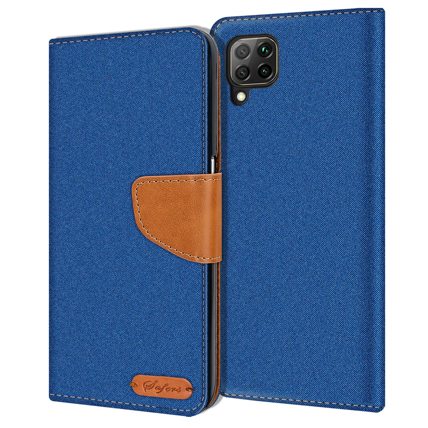 Blaue Textil-Klapphülle mit braunem Lederriemen, Vorderansicht, Huawei P40 Lite erkennbar.