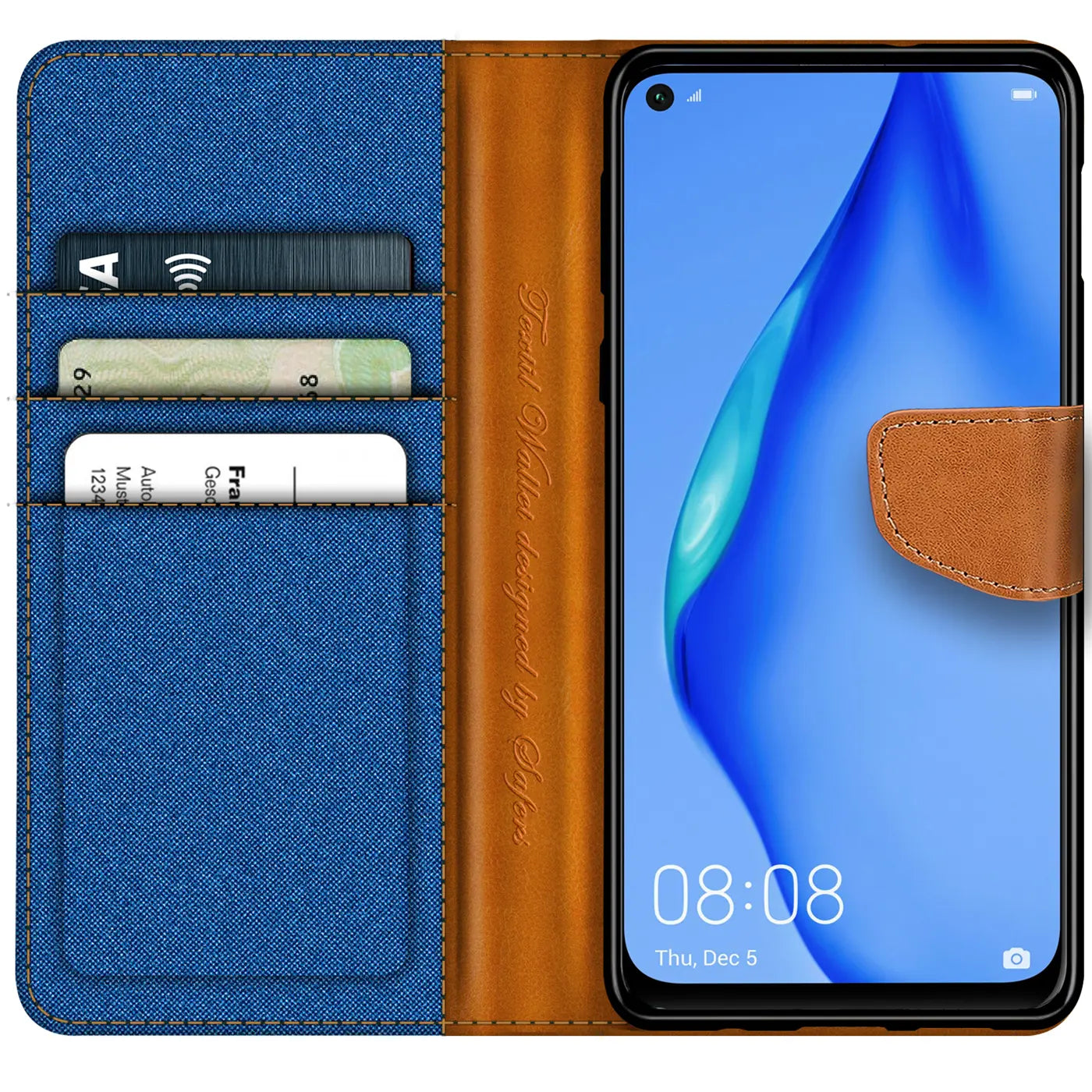 Blaue Textil-Klapphülle mit braunen Lederdetails und Kartenfächern, zeigt Huawei P40 Lite.