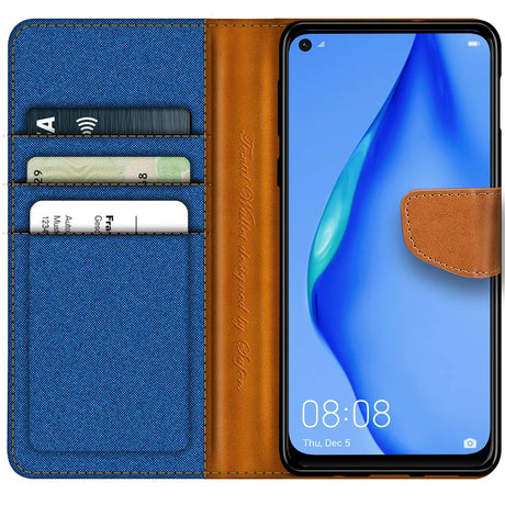 Huawei P40 Lite Klapphülle im Jeanslook mit Karten- und Geldfach