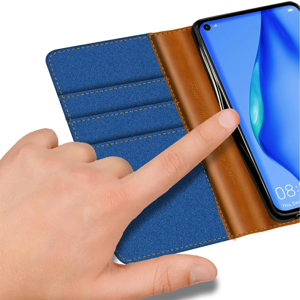 Huawei P40 Lite Klapphülle im Jeanslook mit Karten- und Geldfach