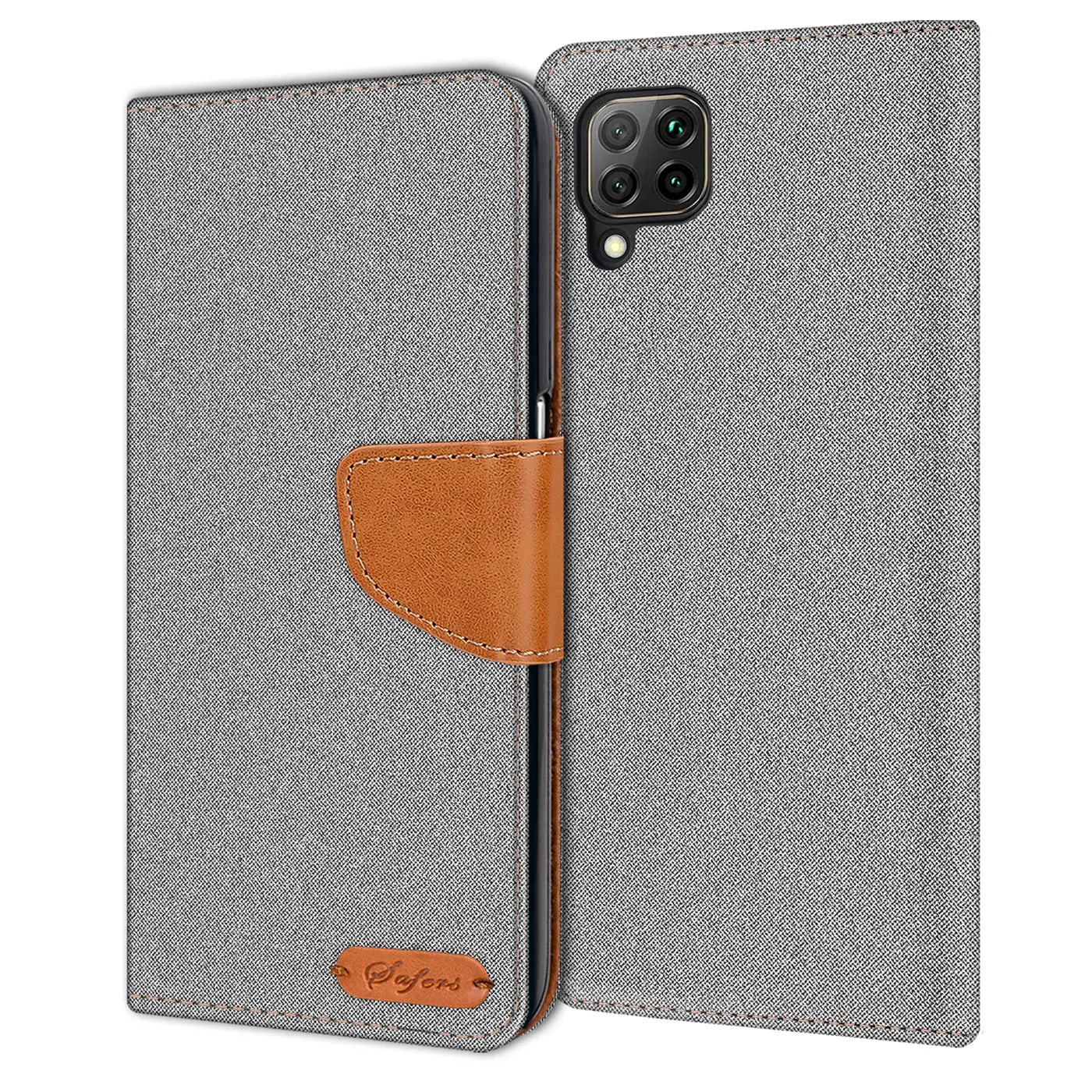 Graue Textil-Klapphülle mit braunem Lederriemen, offen, zeigt Huawei P40 Lite Rückseite.