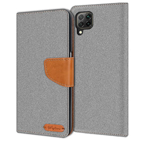 Huawei P40 Lite Klapphülle im Jeanslook mit Karten- und Geldfach