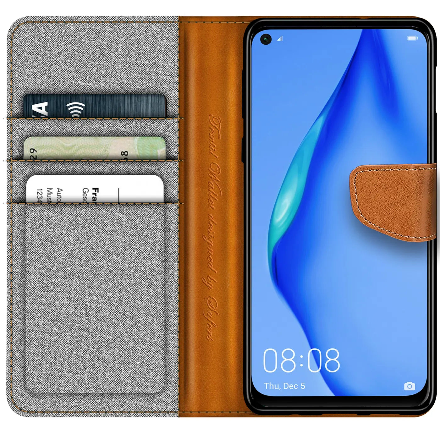 Graue Textil-Klapphülle mit braunem Lederfach, zeigt Huawei P40 Lite, von vorne