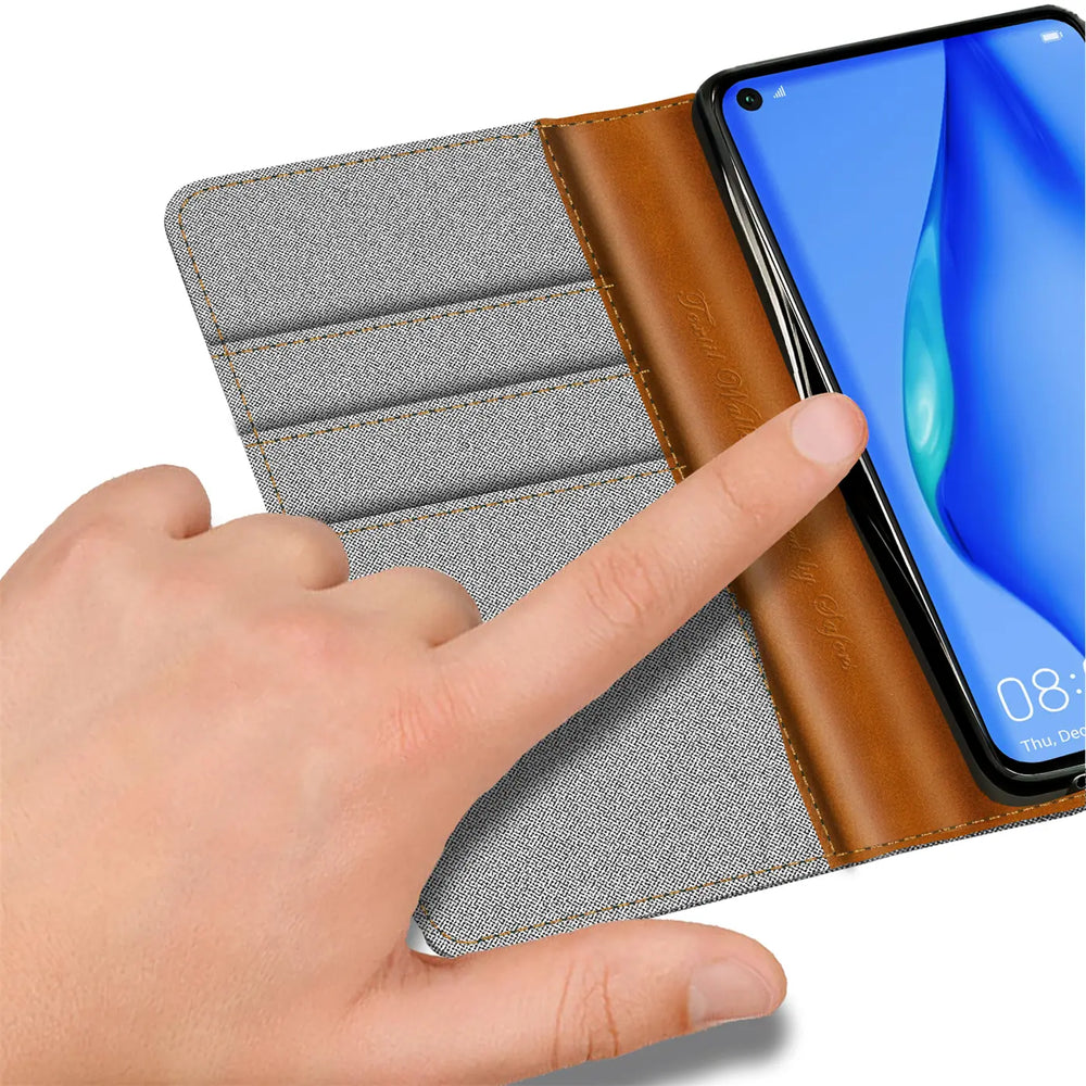 Huawei P40 Lite Klapphülle im Jeanslook mit Karten- und Geldfach