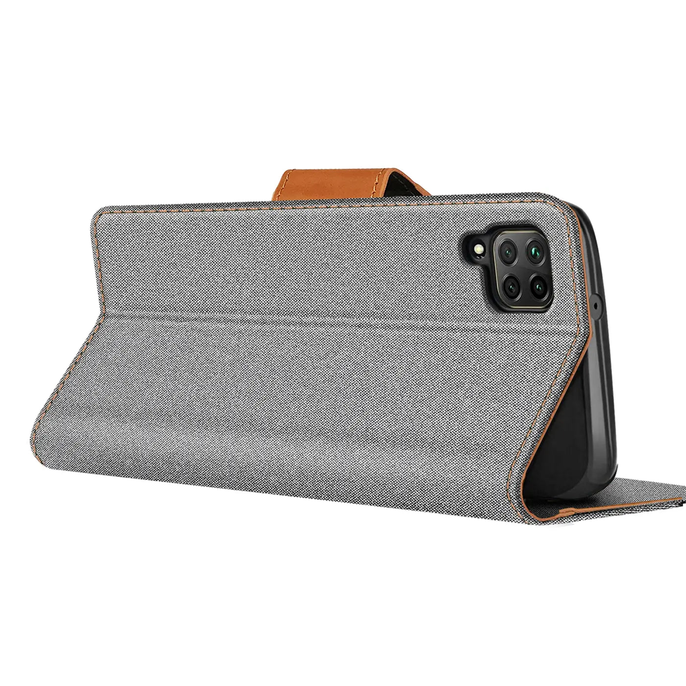 Graue Textil-Klapphülle mit braunem Lederriemen, seitliche Ansicht, zeigt Huawei P40 Lite