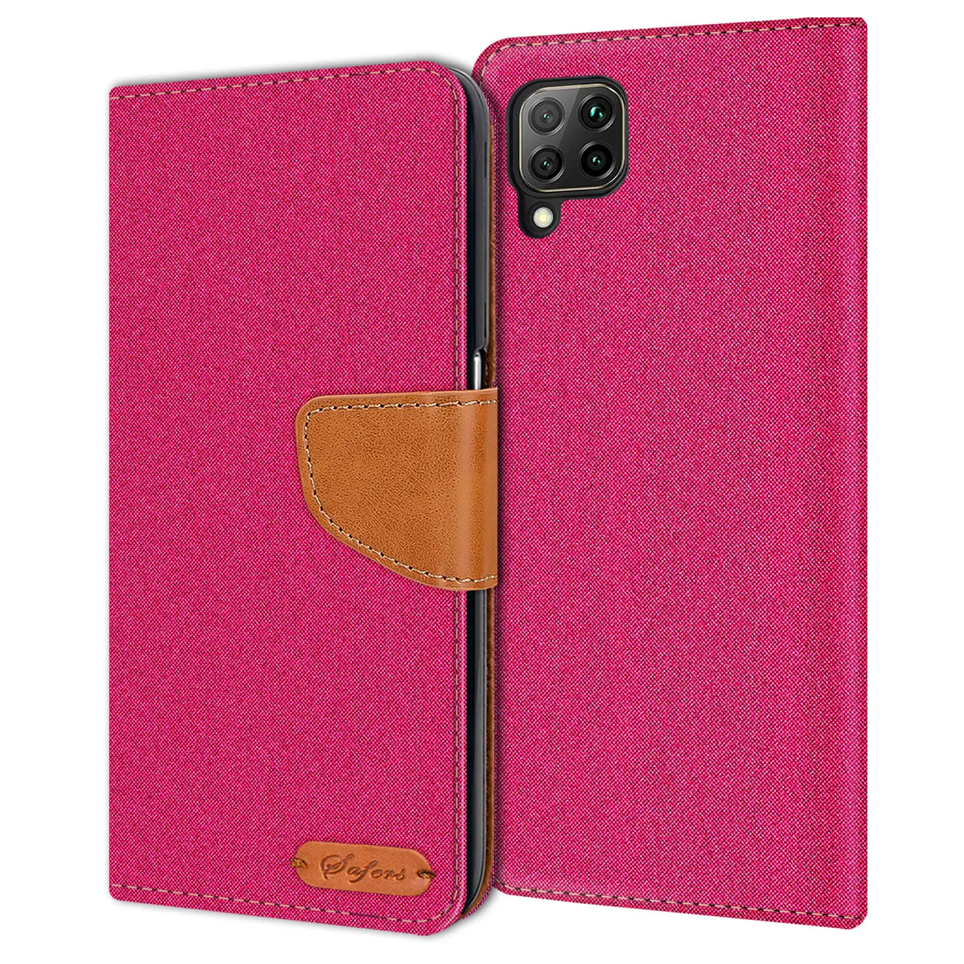 Fuchsia Textil-Klapphülle mit braunem Lederdetail, Vorderansicht, für Huawei P40 Lite.