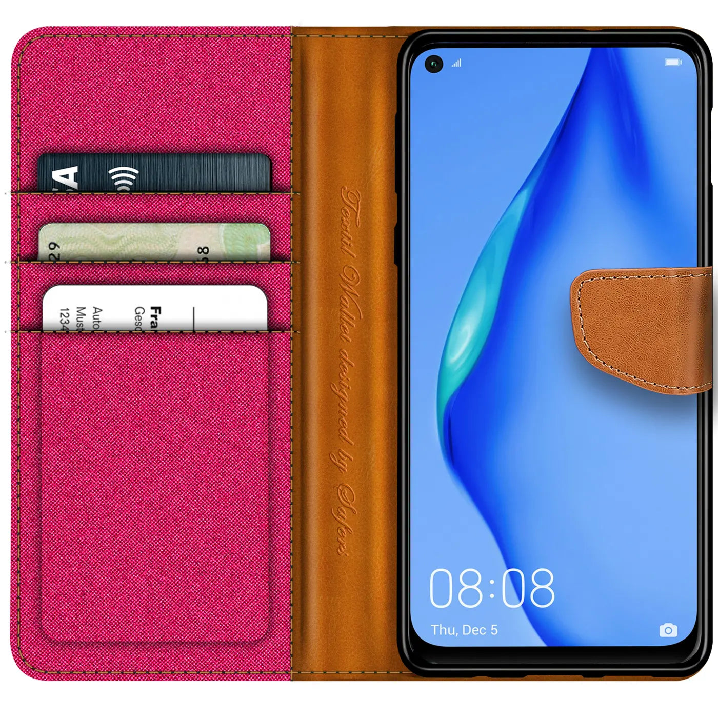 Textil-Klapphülle in Pink/Braun mit Kartenfächern, zeigt Huawei P40 Lite.