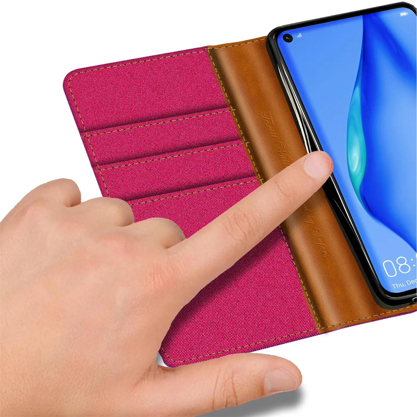 Pink Textil Klapphülle mit Kartenfächern, braunem Lederdetail, zeigt Huawei P40 Lite.