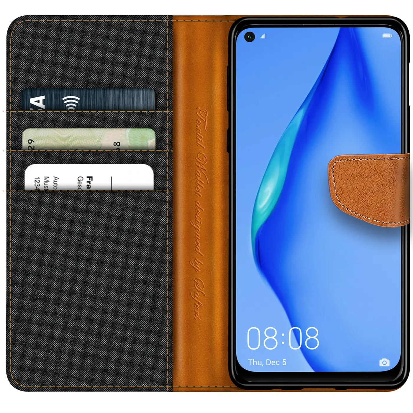 Textil-Klapphülle in Schwarz/Braun mit Kartenfach für Huawei P40 Lite, von vorne