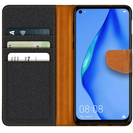 Huawei P40 Lite Klapphülle im Jeanslook mit Karten- und Geldfach