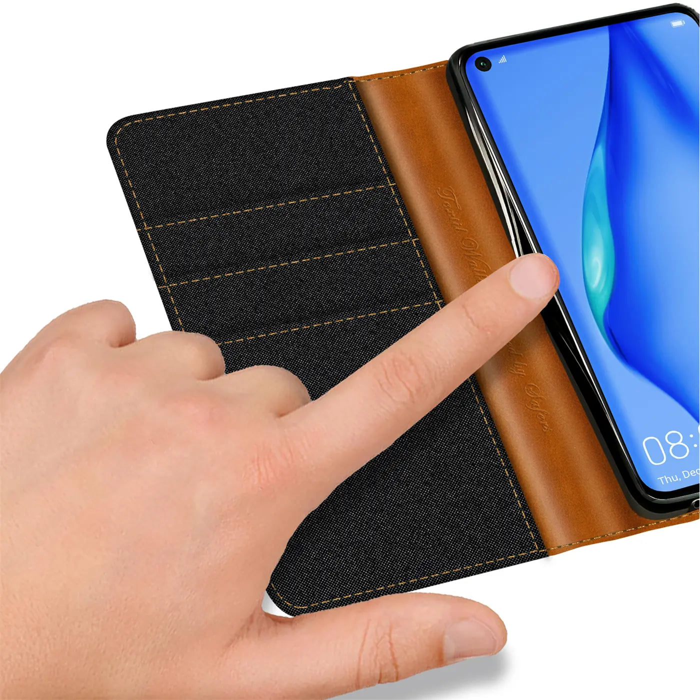 Textil-Klapphülle mit Kartenfach, braun/schwarz, für Huawei P40 Lite, Nahaufnahme