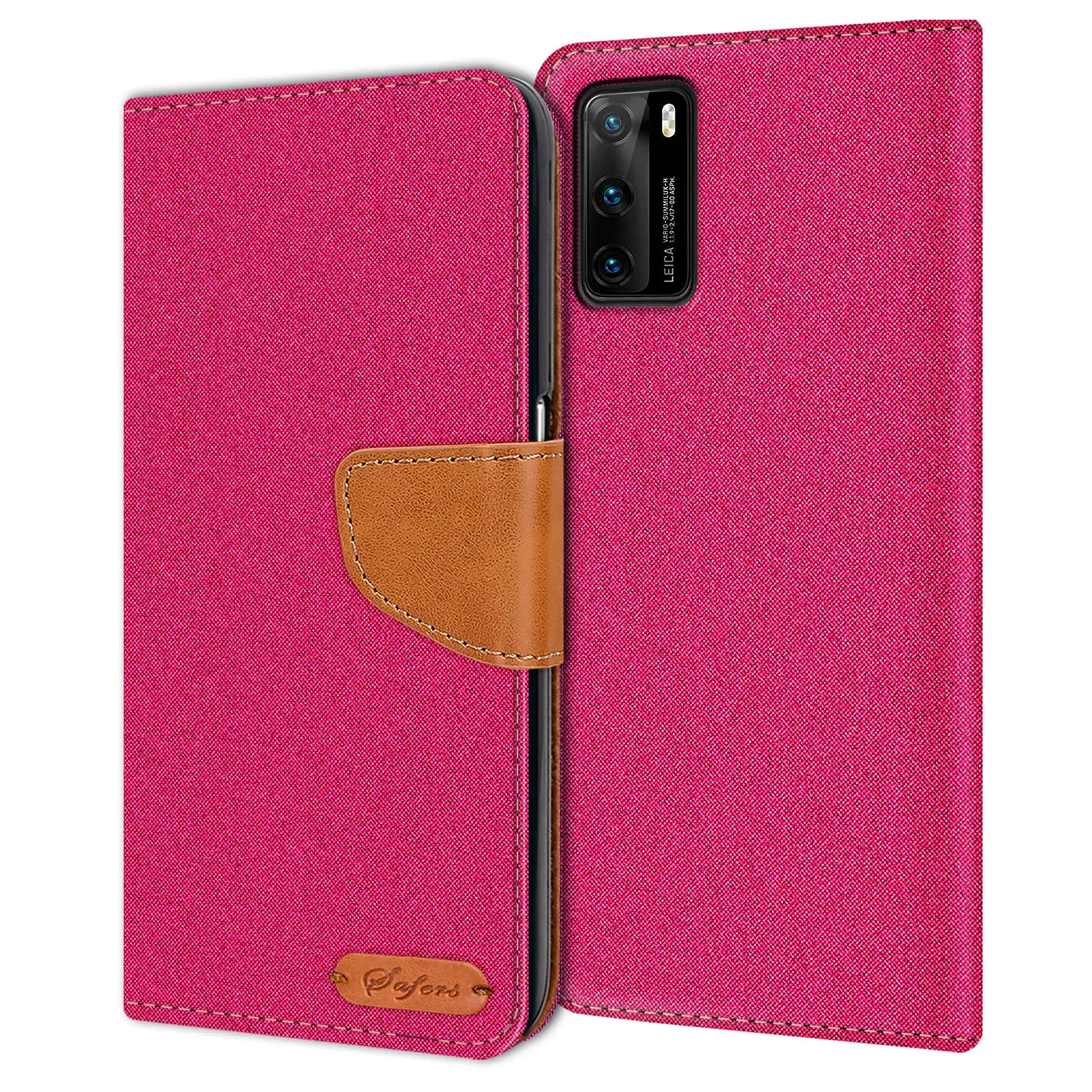 Pink Textil Klapphülle mit braunem Lederdetail, Huawei P40 sichtbar, von vorne