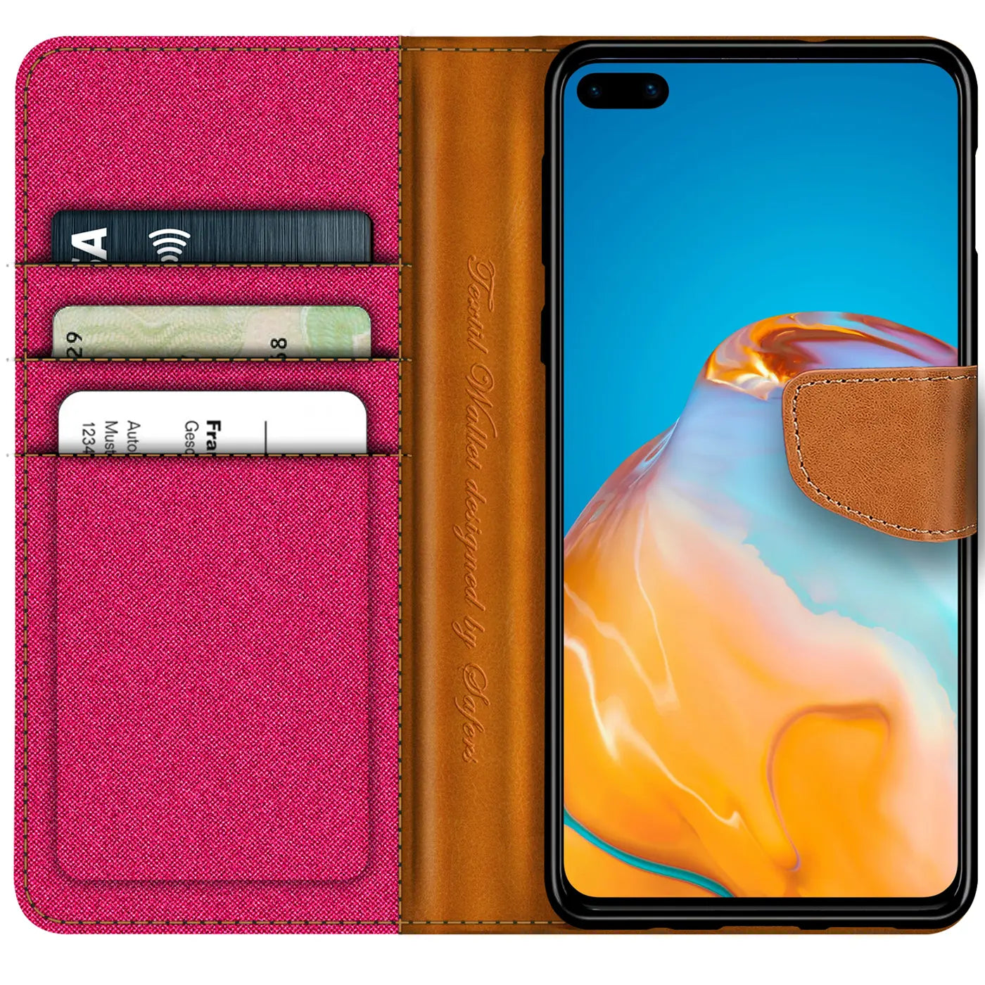 Textil-Klapphülle in Pink mit Kartenfächern, braunem Leder, Huawei P40, von vorn