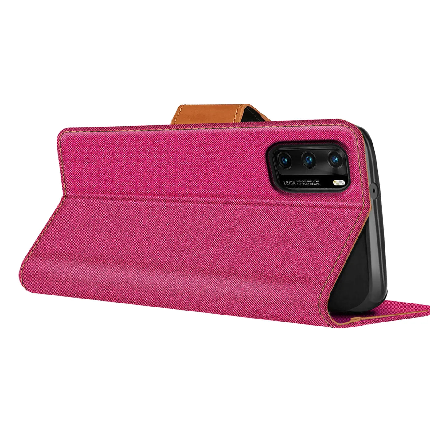 Pink Textil-Klapphülle mit braunem Verschluss, Huawei P40 Rückseite sichtbar, von schräg oben