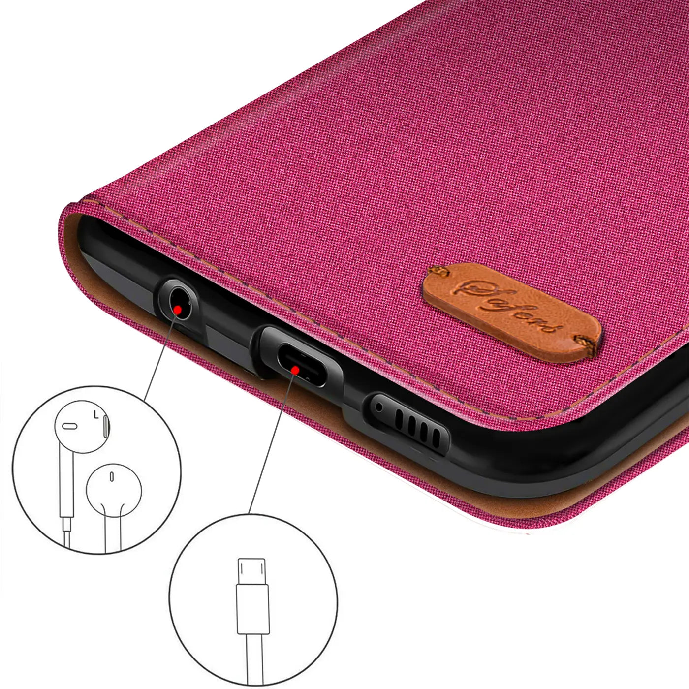 Textil-Klapphülle in Pink, Nahaufnahme Anschlüsse, Huawei P40