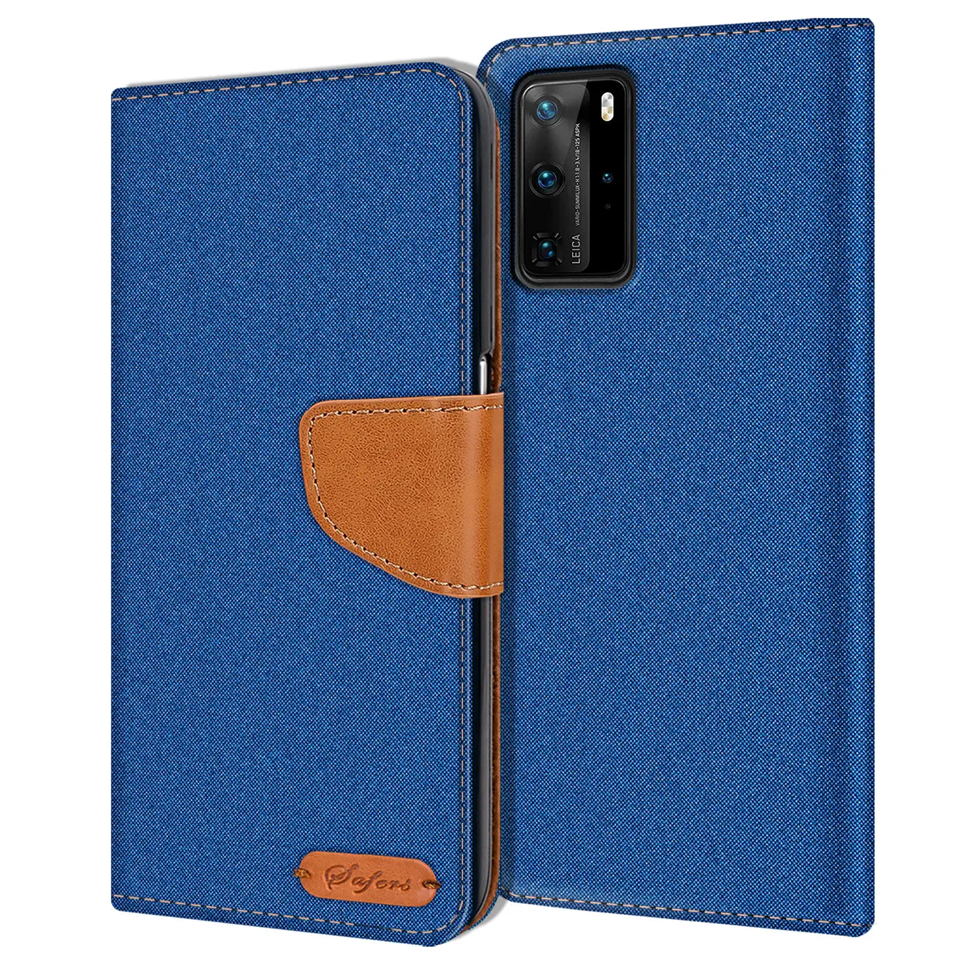 Blaue Textil-Klapphülle mit braunem Lederriemen und Kartenfach für Huawei P40 Pro.