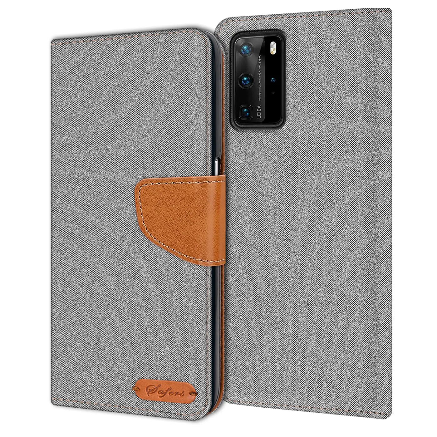Graue Textil-Klapphülle mit braunem Lederdetail, geöffnet, zeigt Huawei P40 Pro.