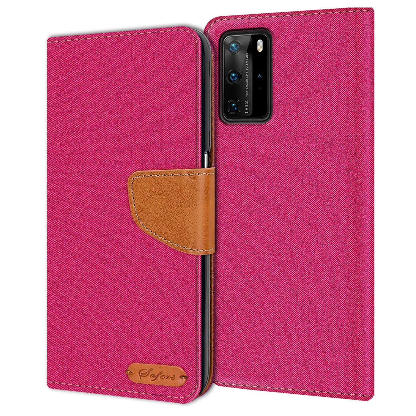 Fuchsia Textil-Klapphülle mit braunem Lederdetail für Huawei P40 Pro, von vorn