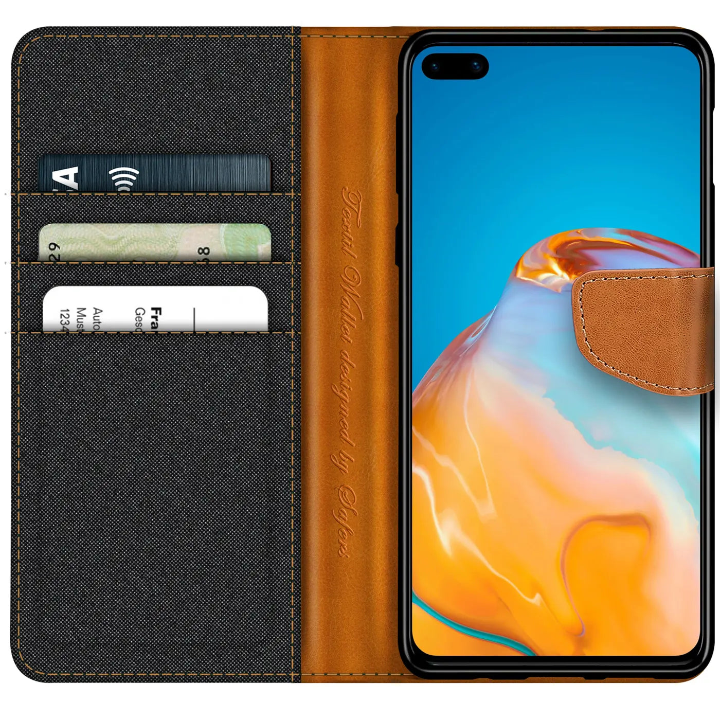 Textil-Klapphülle mit Kartenfach für Huawei P40, braun/schwarz, von vorne