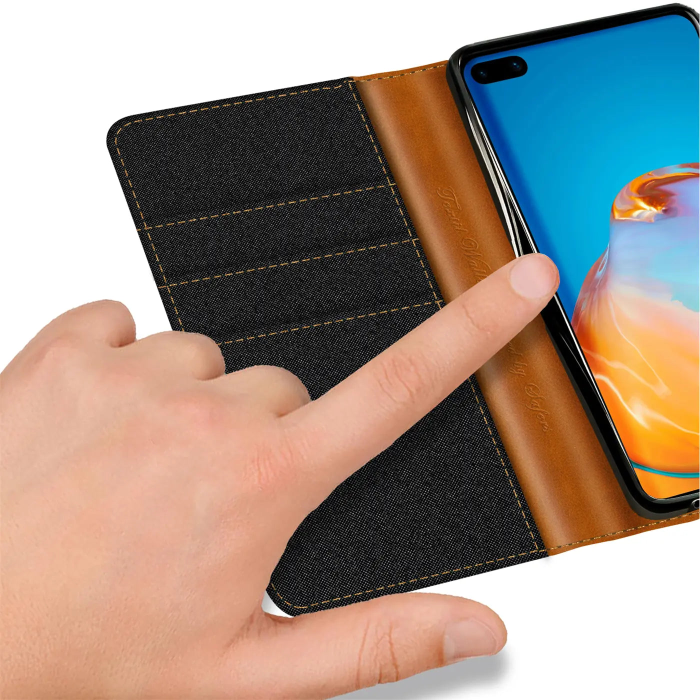 Textil-Klapphülle schwarz/braun mit Kartenfach, Huawei P40, Nahaufnahme