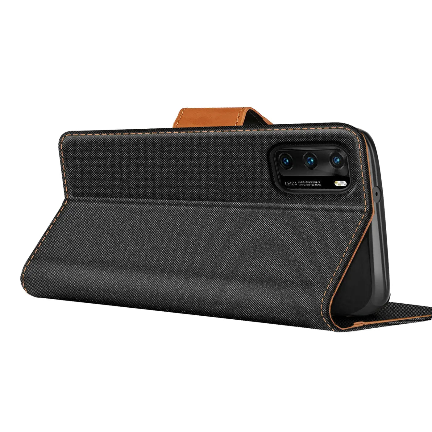 Schwarze Textil-Klapphülle mit braunem Lederriemen, seitliche Ansicht, zeigt Huawei P40 Kamera.