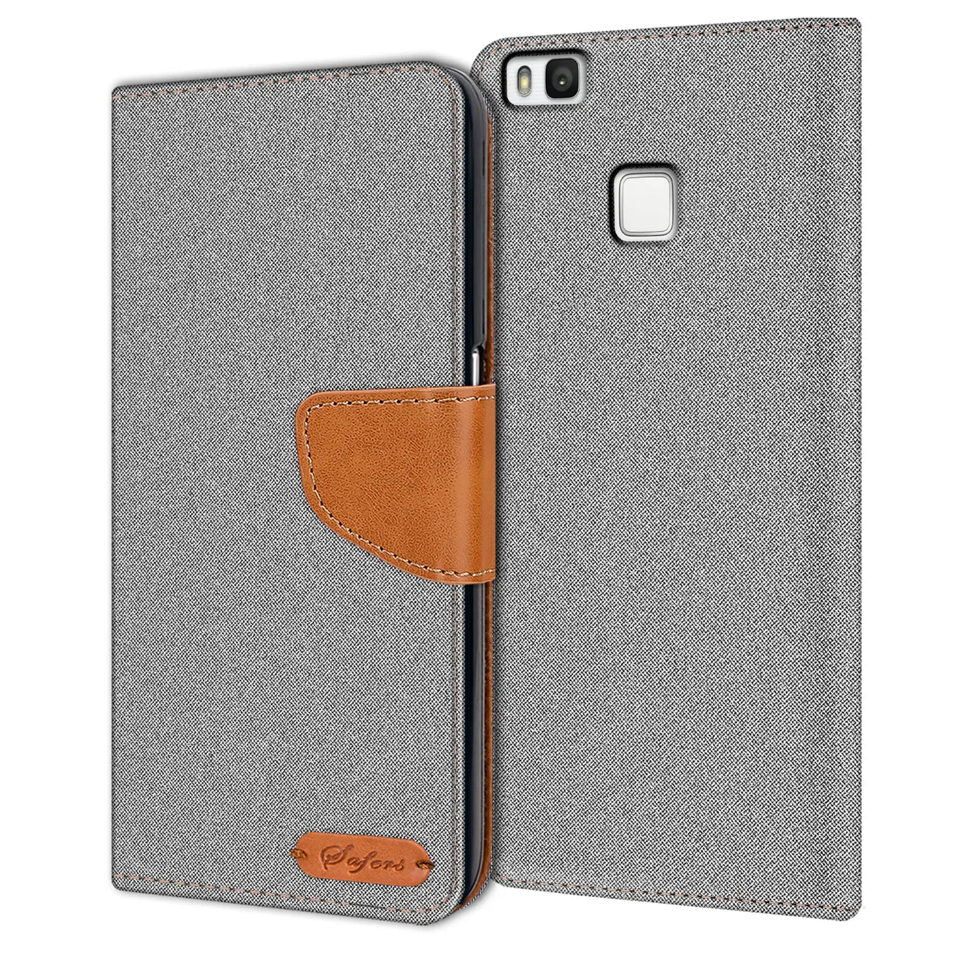 Graue Textil-Klapphülle mit braunem Lederriemen für Huawei P9 Lite, Vorderansicht.
