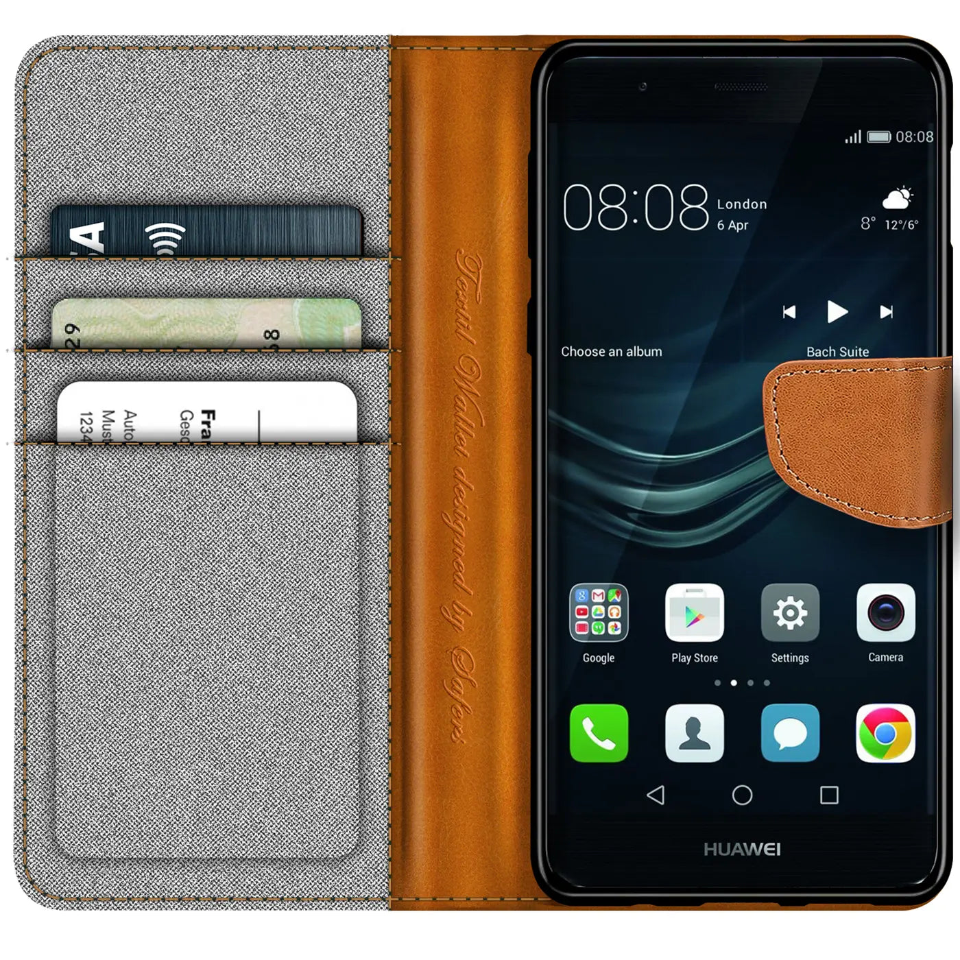 Graue Textil-Klapphülle mit braunen Lederdetails, Kartenfächern, zeigt Huawei P9 Lite.