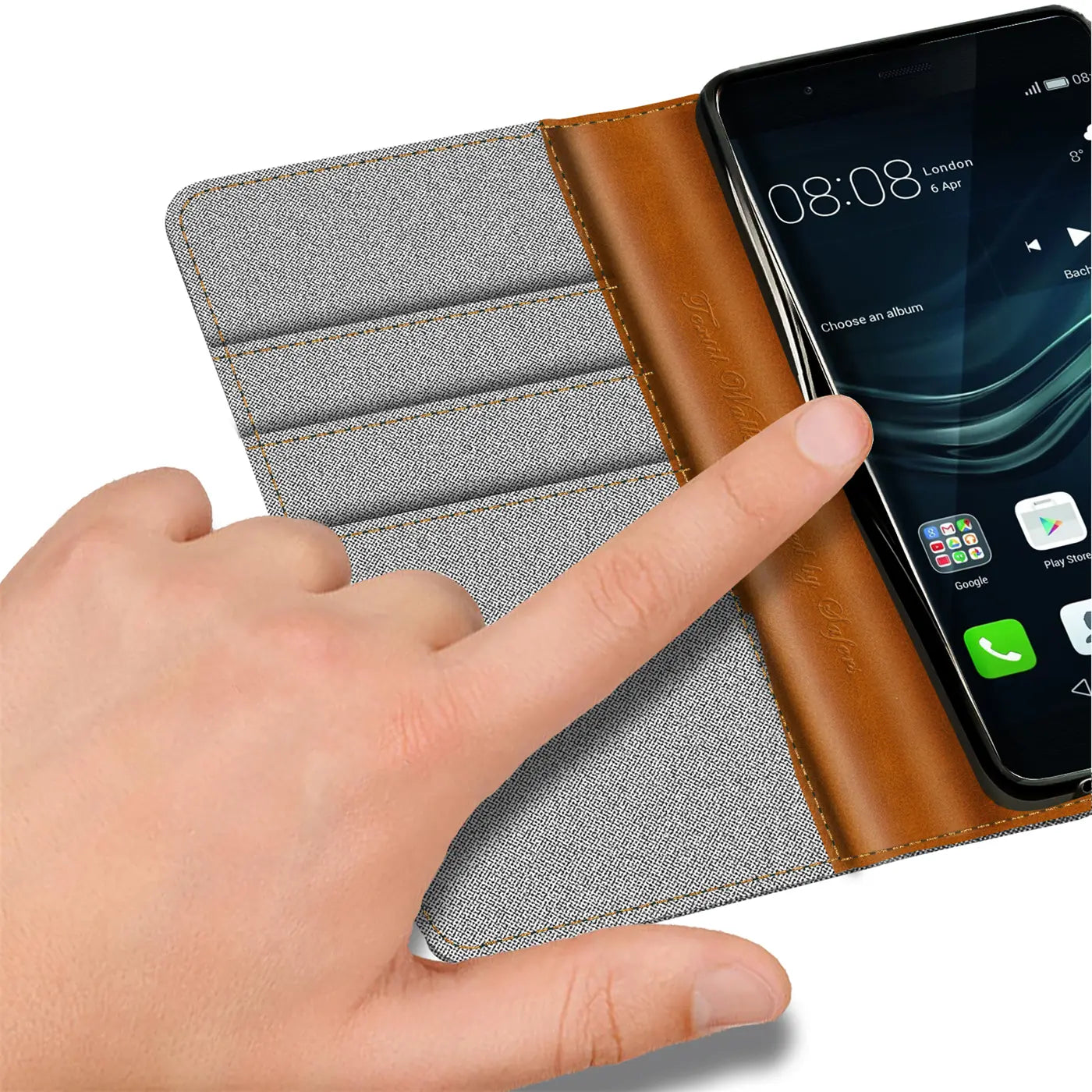Graue Textil-Klapphülle mit braunem Lederakzent, Kartenfächer, Huawei P9 Lite.
