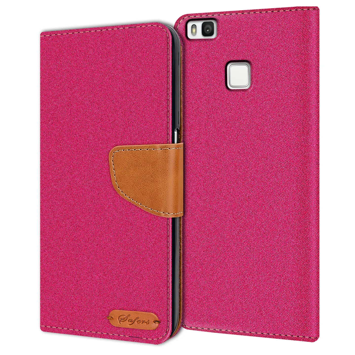 Fuchsia Textil-Klapphülle mit braunem Lederriemen für Huawei P9 Lite, von vorne