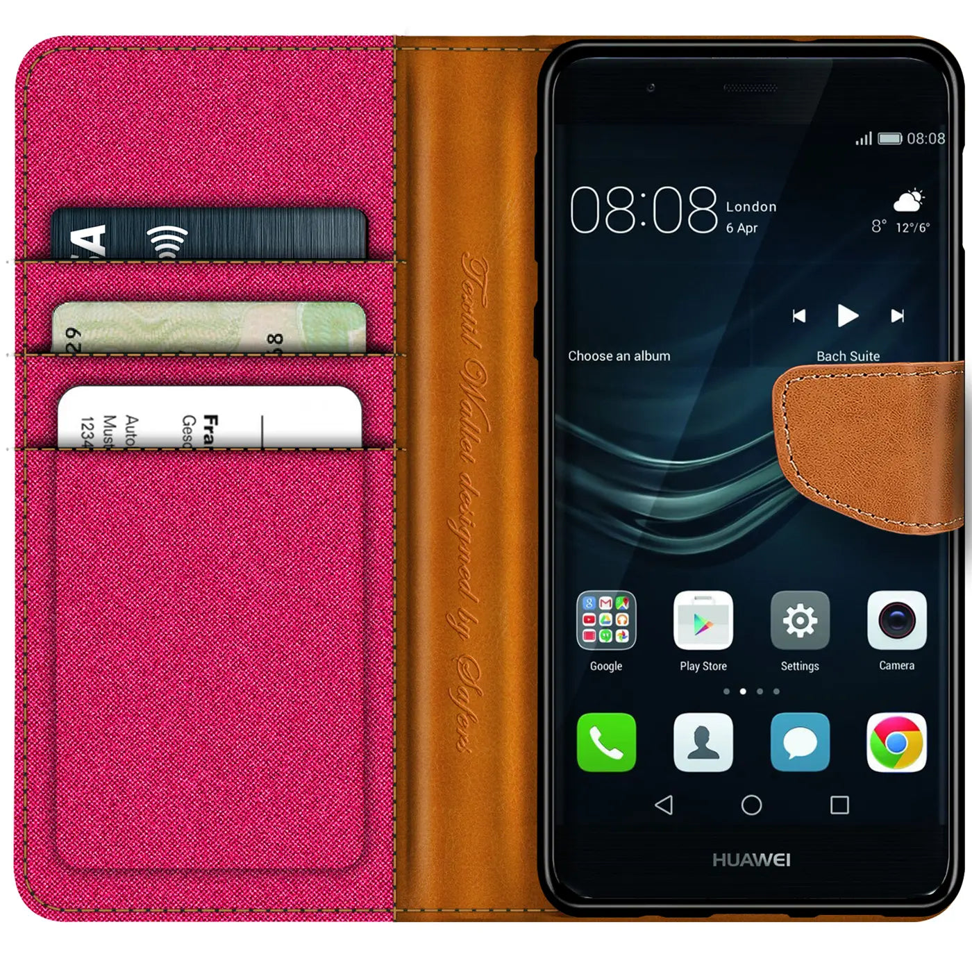 Textil-Klapphülle in Pink mit braunen Lederdetails, zeigt Huawei P9 Lite, Kartenfächer.