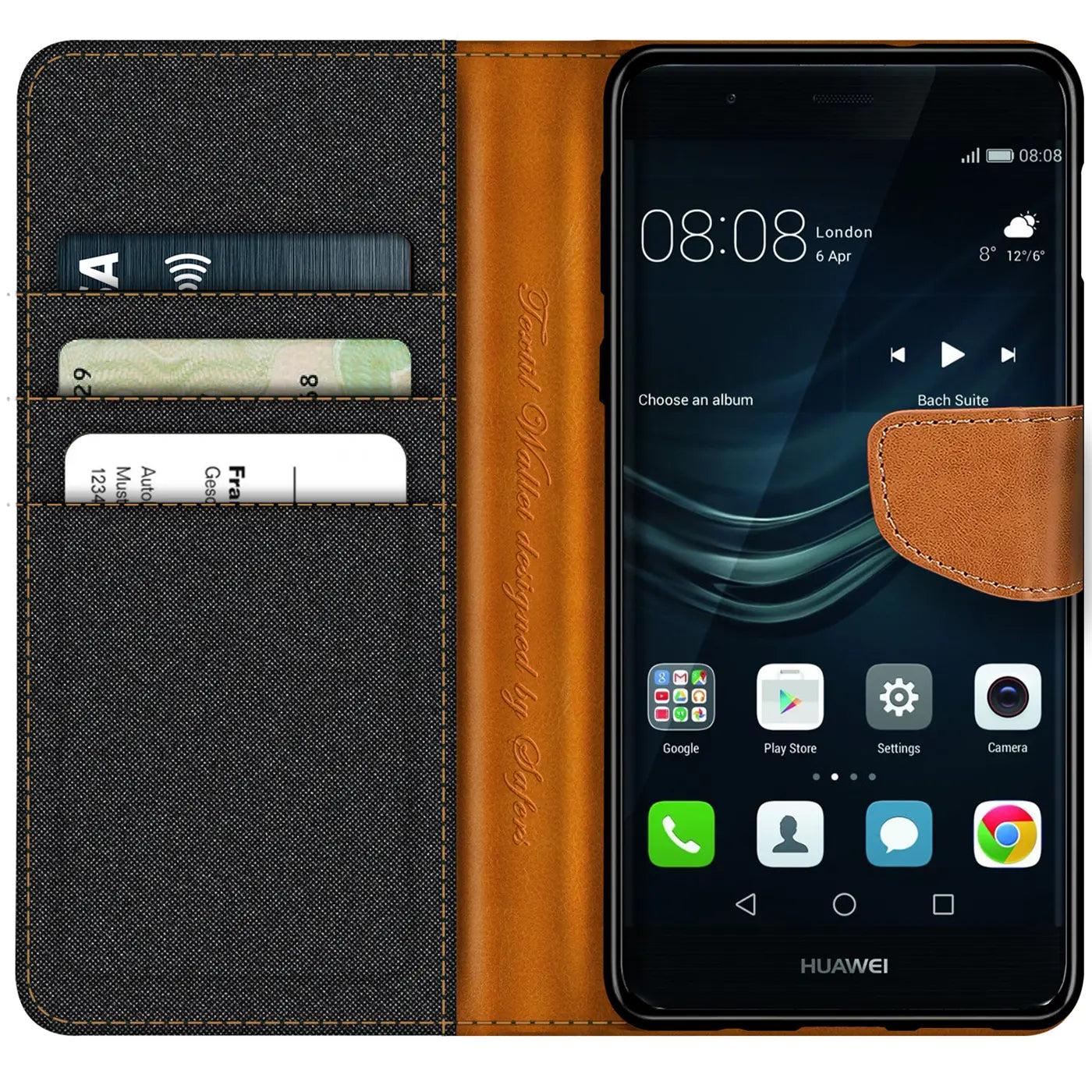 Textil-Klapphülle in Schwarz/Braun mit Kartenfach für Huawei P9 Lite, von vorne