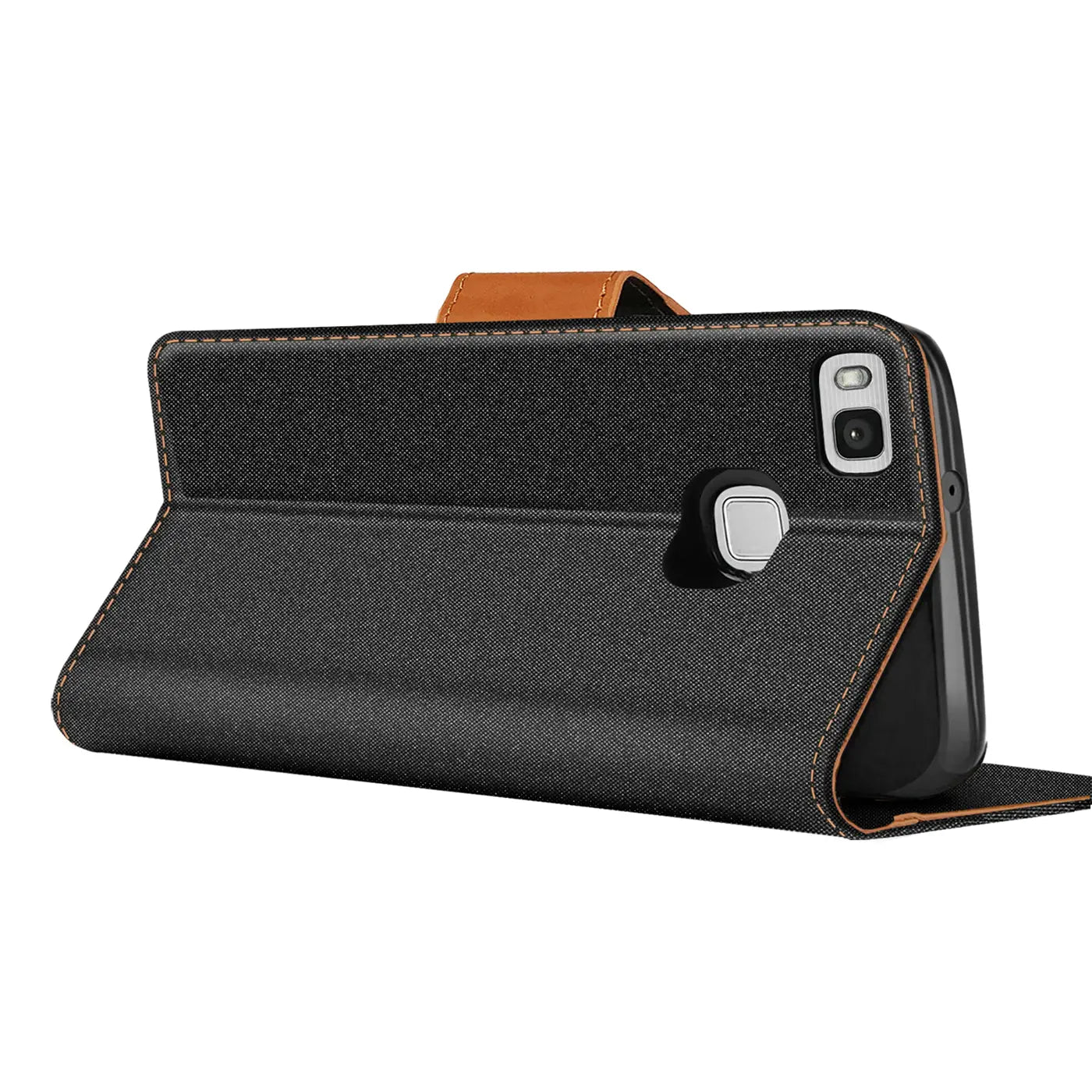 Schwarze Textil-Klapphülle mit braunen Akzenten, von schräg hinten, zeigt Huawei P9 Lite.